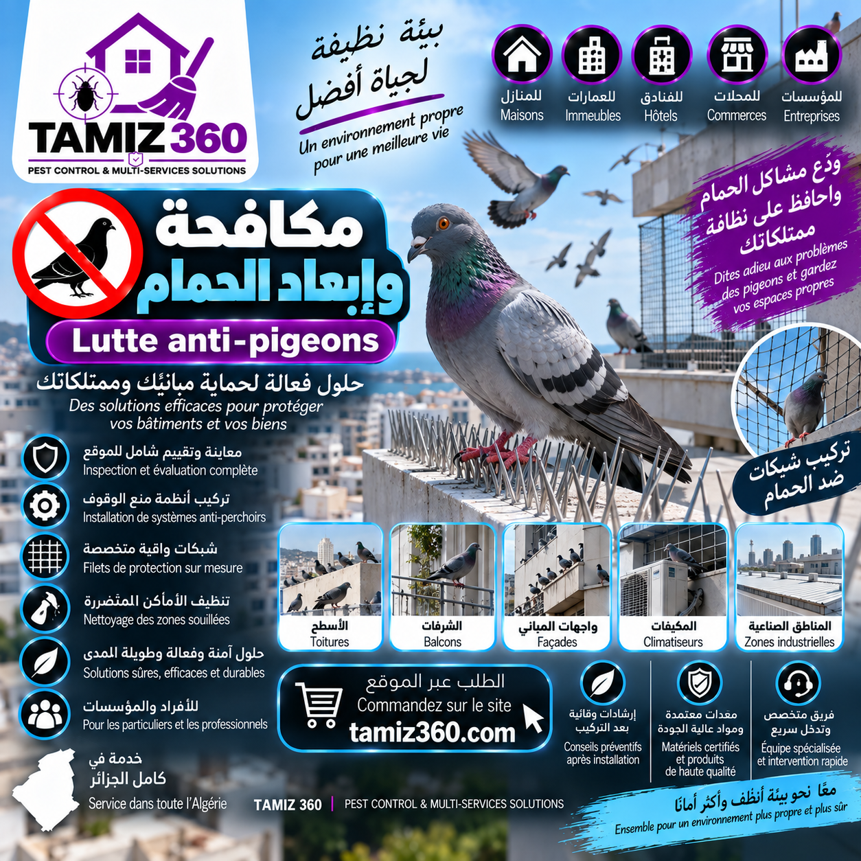 مكافحة الحمام وإبعاده | Lutte anti-pigeons